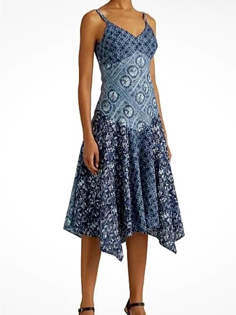 RALPH LAUREN Blue Printed Handkerchief Hem Midi Dress
